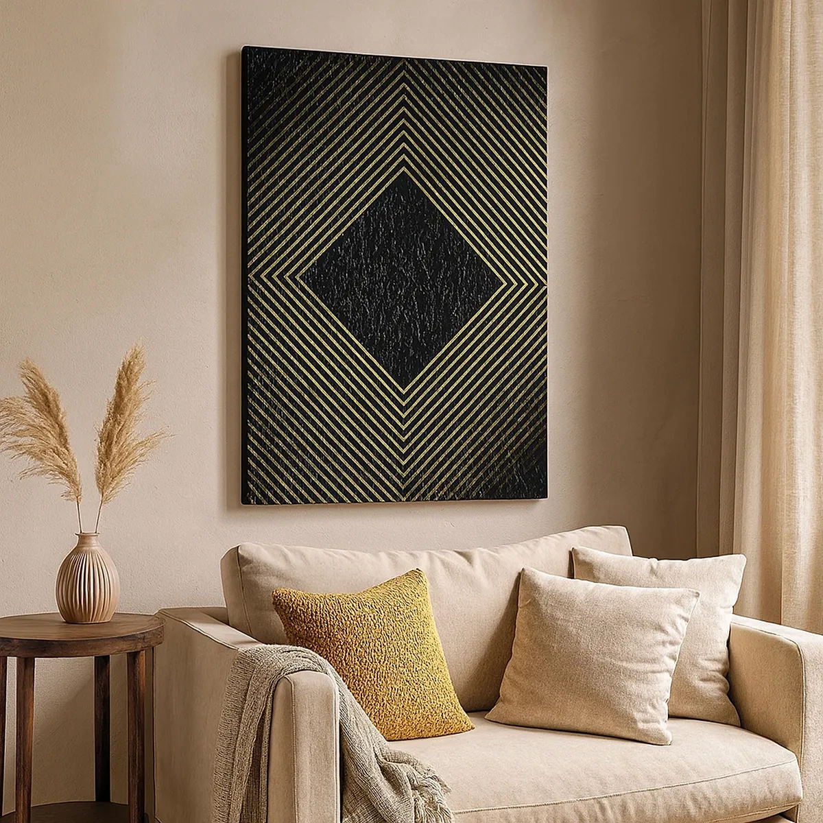 Quadro su tela - Stampe su Tela - Sfondo nero con motivo geometrico di linee dorate - 50x70cm - Geometria in stile glamour - Decorazione murale moderna per soggiorno e camera da letto ARTTOR
