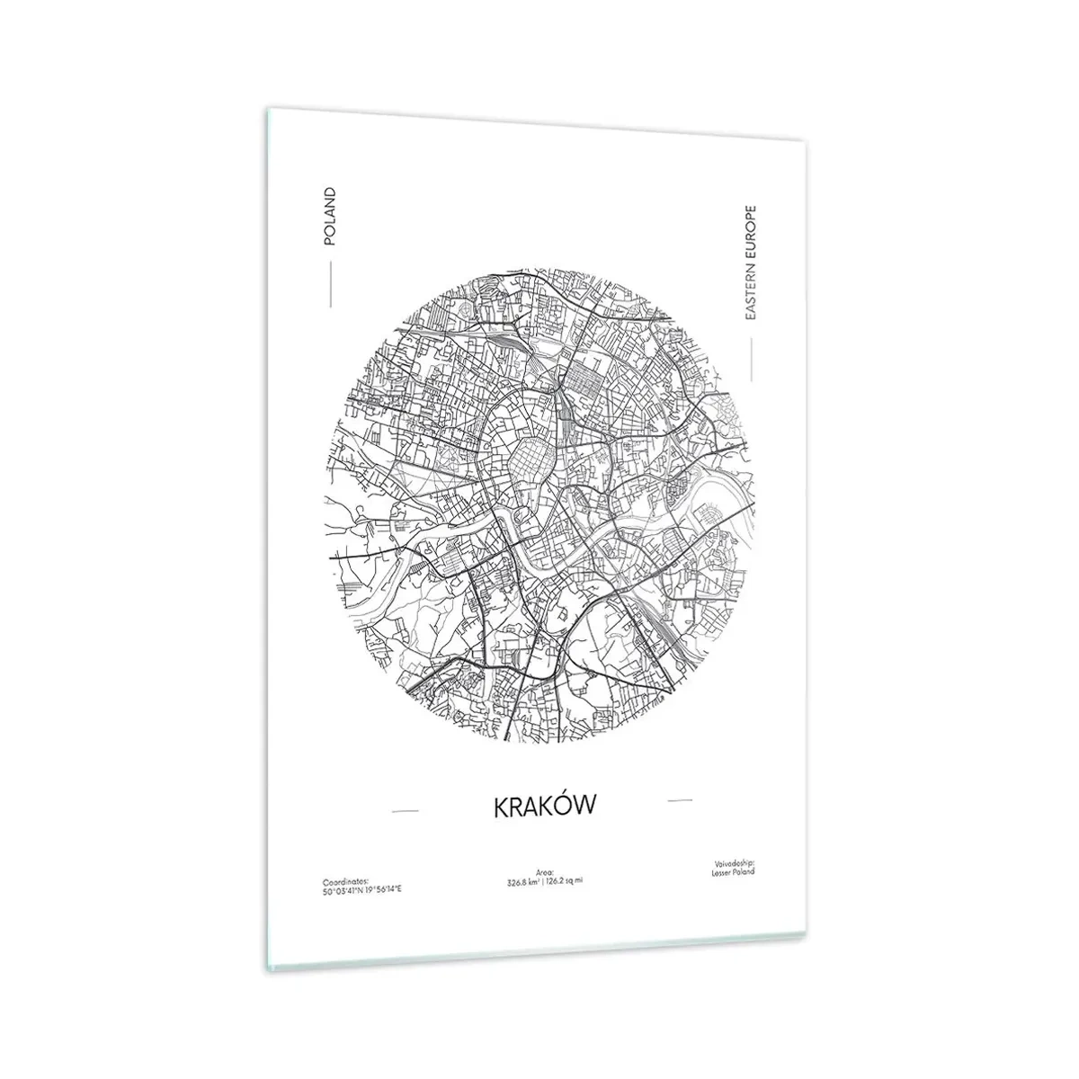 Quadro su vetro - Una mappa di Cracovia in stile illustrazione in bianco e nero - 50x70cm - Anatomia di Cracovia - Decorazione murale moderna per soggiorno e camera da letto ARTTOR