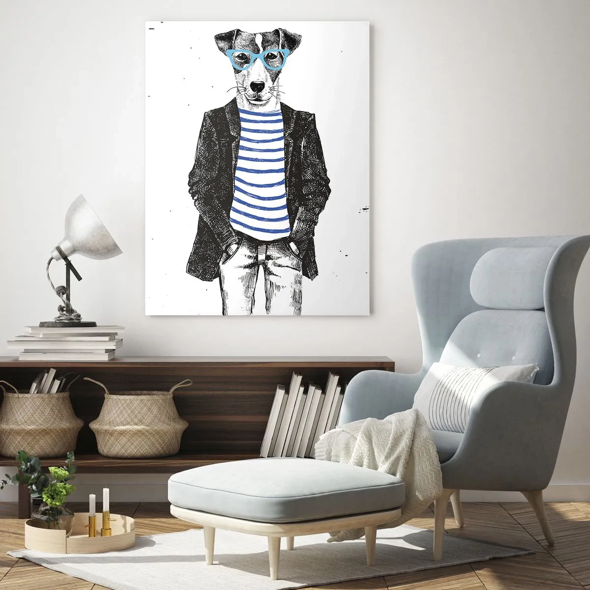 Quadro su vetro - Ritratto di un cane con occhiali e camicia da marinaio in stile umoristico - 70x100cm - Incantesimo sul cane - Decorazione murale moderna per soggiorno e camera da letto ARTTOR