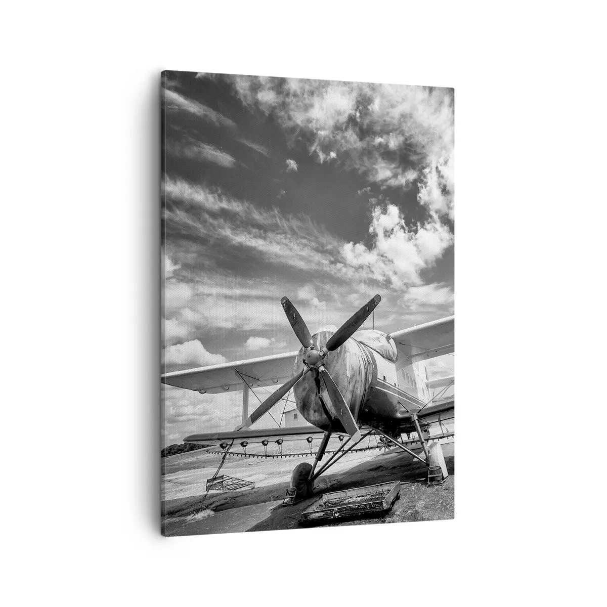 Quadro su tela - Stampe su Tela - Un vecchio aereo all'aeroporto in bianco e nero - 50x70cm - Non vedo l'ora! - Decorazione murale moderna per soggiorno e camera da letto ARTTOR