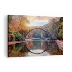 Quadro su tela - Stampe su Tela - Un ponte di pietra in uno scenario autunnale sopra acque calme - 100x70cm - Dall'altro lato dello specchio - Decorazione murale moderna per soggiorno e camera da letto ARTTOR
