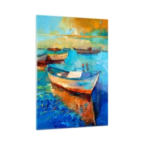 Quadro su vetro - Barche colorate su uno sfondo di acqua calma - 50x70cm - Nella baia del sud - Decorazione murale moderna per soggiorno e camera da letto ARTTOR