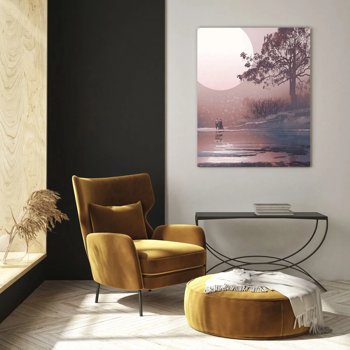 Quadro su vetro - Un paesaggio magico con un albero, una luna e delle figure - 50x70cm - Meraviglie della notte - Decorazione murale moderna per soggiorno e camera da letto ARTTOR