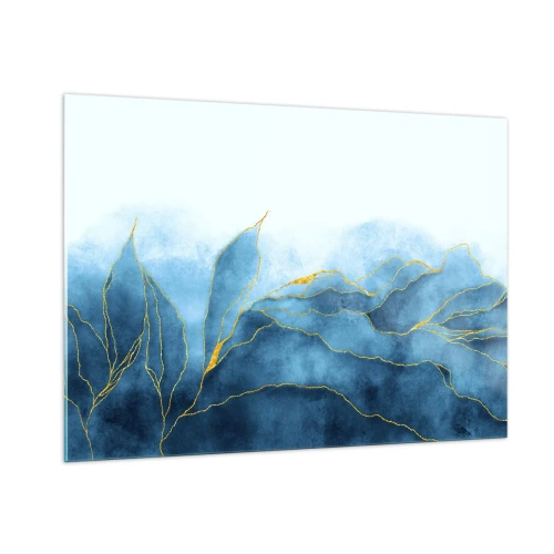 Quadro su vetro - Forme astratte blu con delicate linee dorate. - 100x70cm - Blu nell'oro - Decorazione murale moderna per soggiorno e camera da letto ARTTOR