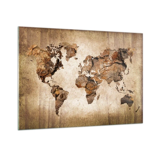 Quadro su vetro - Una mappa del mondo in tonalità marroni che imitano il legno - 100x70cm - Alla scoperta del mondo - Decorazione murale moderna per soggiorno e camera da letto ARTTOR