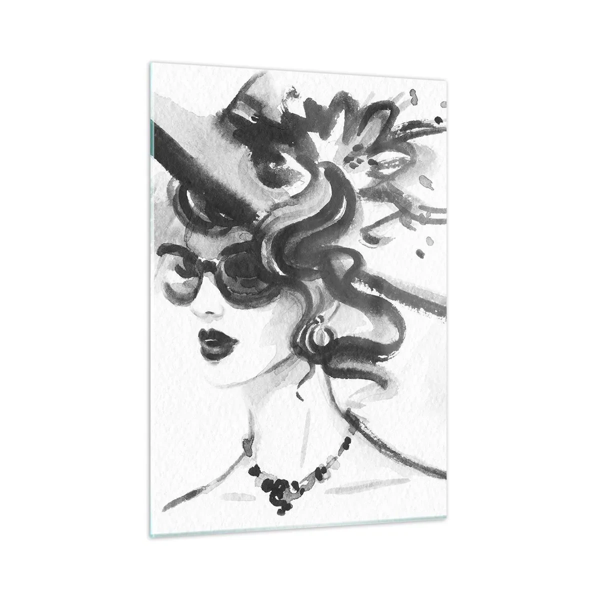 Quadro su vetro - Ritratto in bianco e nero di una donna che indossa un cappello - 50x70cm - Donna di carattere - Decorazione murale moderna per soggiorno e camera da letto ARTTOR