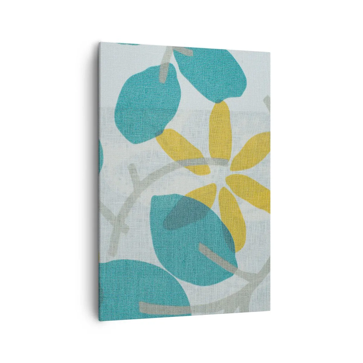 Quadro su tela - Stampe su Tela - Foglie nei toni del turchese e del giallo su uno sfondo chiaro - 70x100cm - Tra le foglie azzurre - Decorazione murale moderna per soggiorno e camera da letto ARTTOR