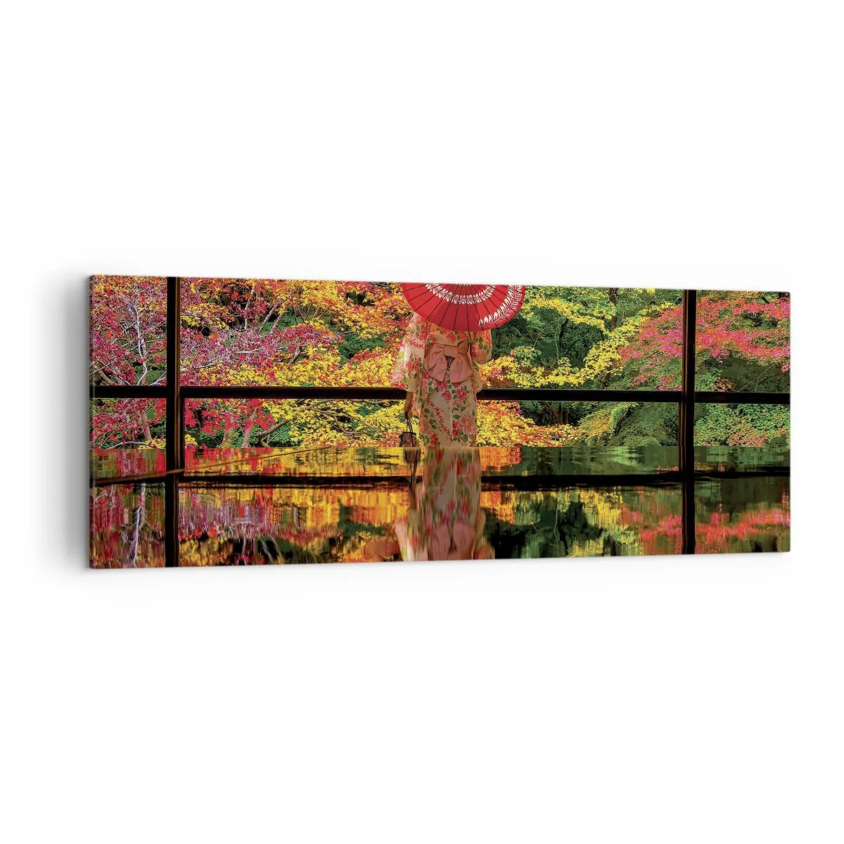 Quadro su tela - Stampe su Tela - Una donna in kimono con un ombrello sullo sfondo di un paesaggio autunnale. - 140x50cm - Nel tempio della natura - Decorazione murale moderna per soggiorno e camera da letto ARTTOR