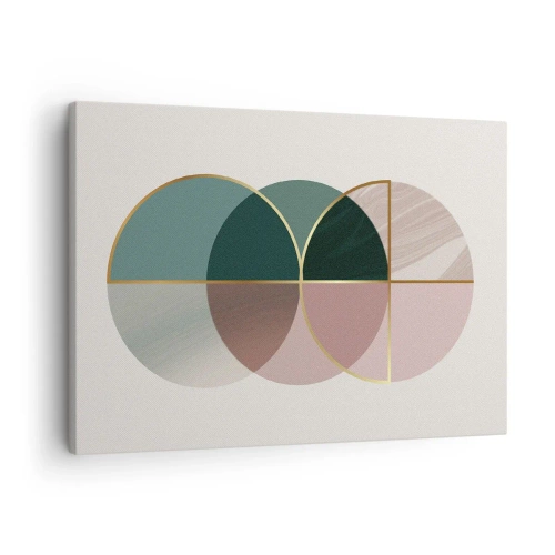 Quadro su tela - Stampe su Tela - Una composizione astratta di forme geometriche e linee dorate. - 70x50cm - Un cerchio dietro l'altro... - Decorazione murale moderna per soggiorno e camera da letto ARTTOR