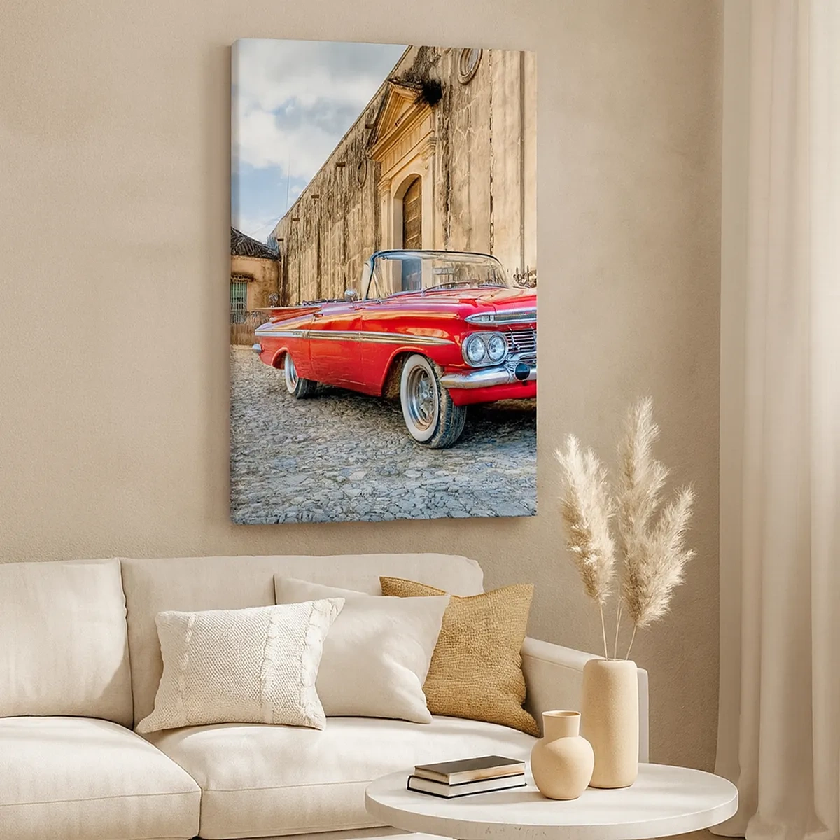 Quadro su tela - Stampe su Tela - Auto d'epoca rossa su una strada acciottolata - 50x70cm - Impressioni di Cuba - Decorazione murale moderna per soggiorno e camera da letto ARTTOR