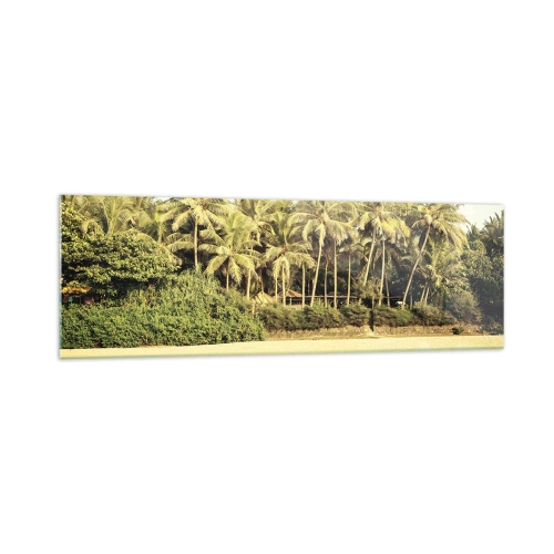 Quadro su vetro - Spiaggia tropicale con palme e mare turchese - 160x50cm - Forse qui? - Decorazione murale moderna per soggiorno e camera da letto ARTTOR