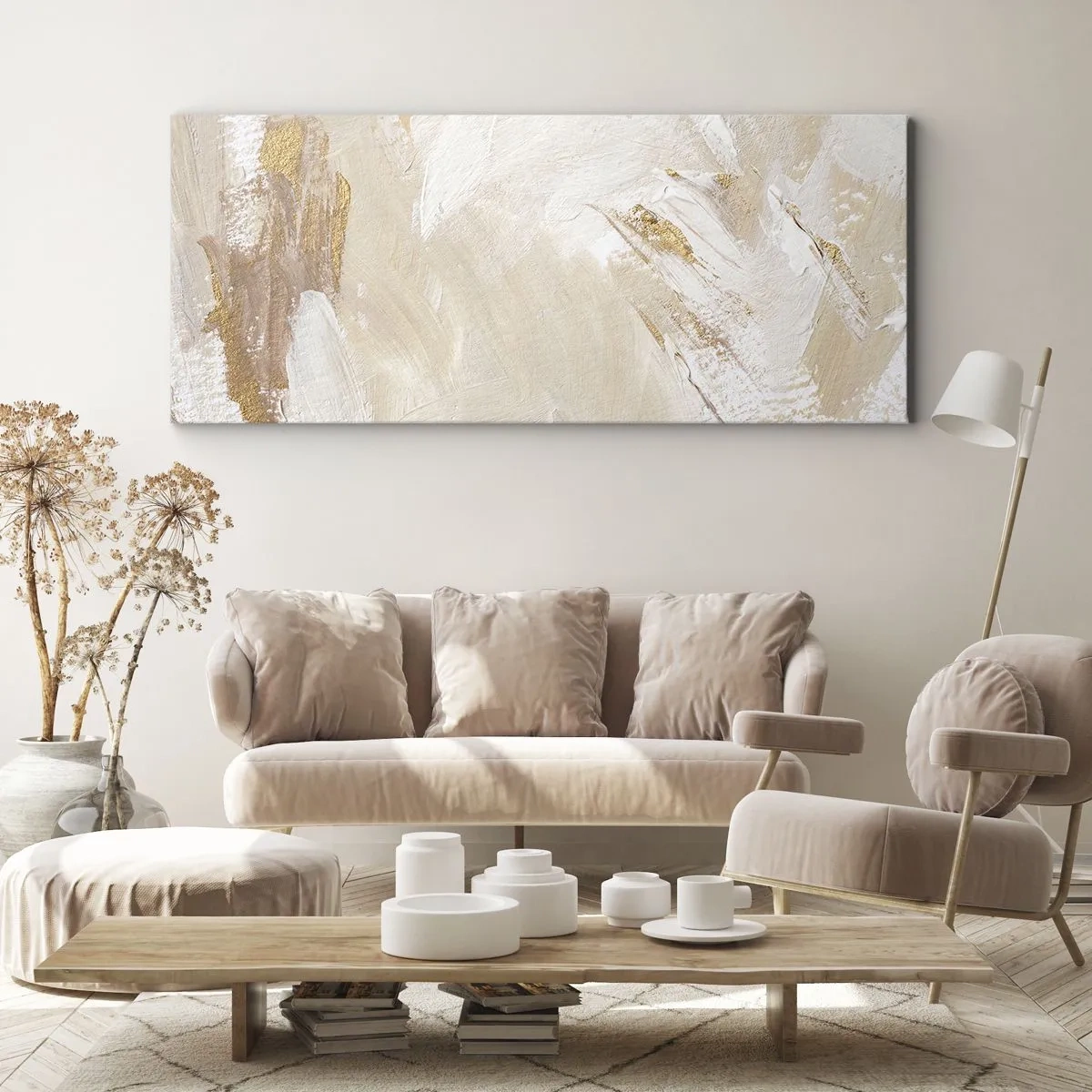 Quadro su tela - Stampe su Tela - Delicati toni astratti nelle tonalità del beige e dell'oro - 160x50cm - Composizione pastello - Decorazione murale moderna per soggiorno e camera da letto ARTTOR