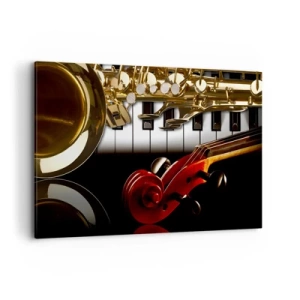 Quadro su tela - Stampe su Tela - Un sassofono dorato, tasti di pianoforte e un violino rosso - 120x80cm - Metallo, legno e avorio - Decorazione murale moderna per soggiorno e camera da letto ARTTOR
