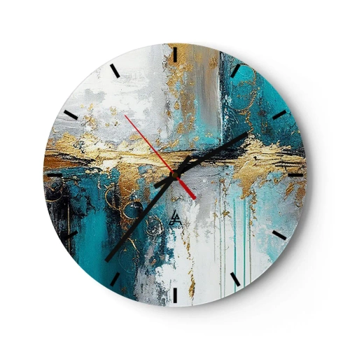 Orologio da parete - Orologio in Vetro - Pennellate astratte in turchese, bianco e oro - 30x30cm - Panta rei - Decorazione murale moderna per soggiorno, cucina e camera da letto ARTTOR