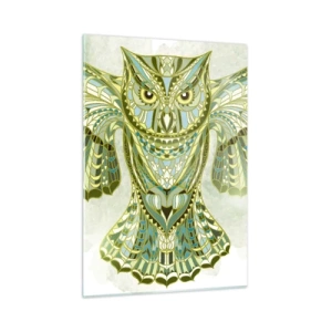 Quadro su vetro - Gufo blu con ali spiegate in stile geometrico - 50x70cm - Dal bosco sacro celtico - Decorazione murale moderna per soggiorno e camera da letto ARTTOR