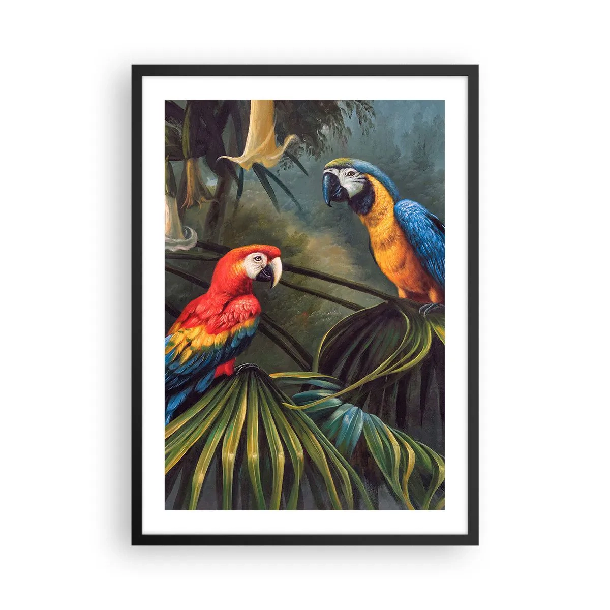 Poster in cornice nera - Pappagalli tropicali circondati da una vegetazione lussureggiante - 50x70cm - Romanticità ai tropici - Decorazione murale moderna per soggiorno e camera da letto ARTTOR
