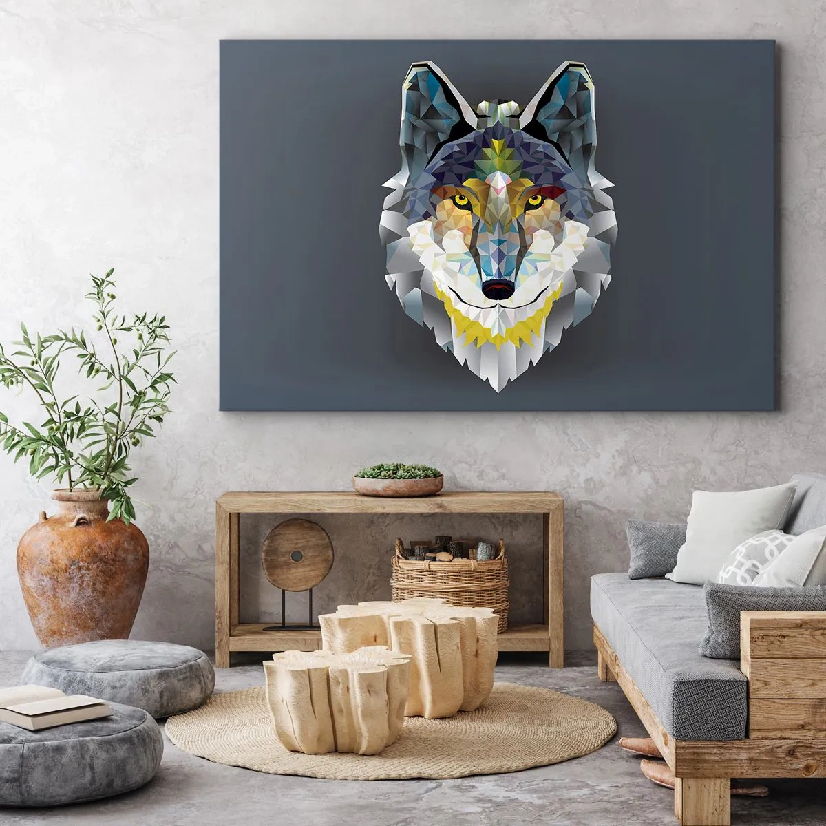 Quadro su tela - Stampe su Tela - Immagine geometrica di un lupo su sfondo grigio - 70x50cm - Si parla del lupo - Decorazione murale moderna per soggiorno e camera da letto ARTTOR