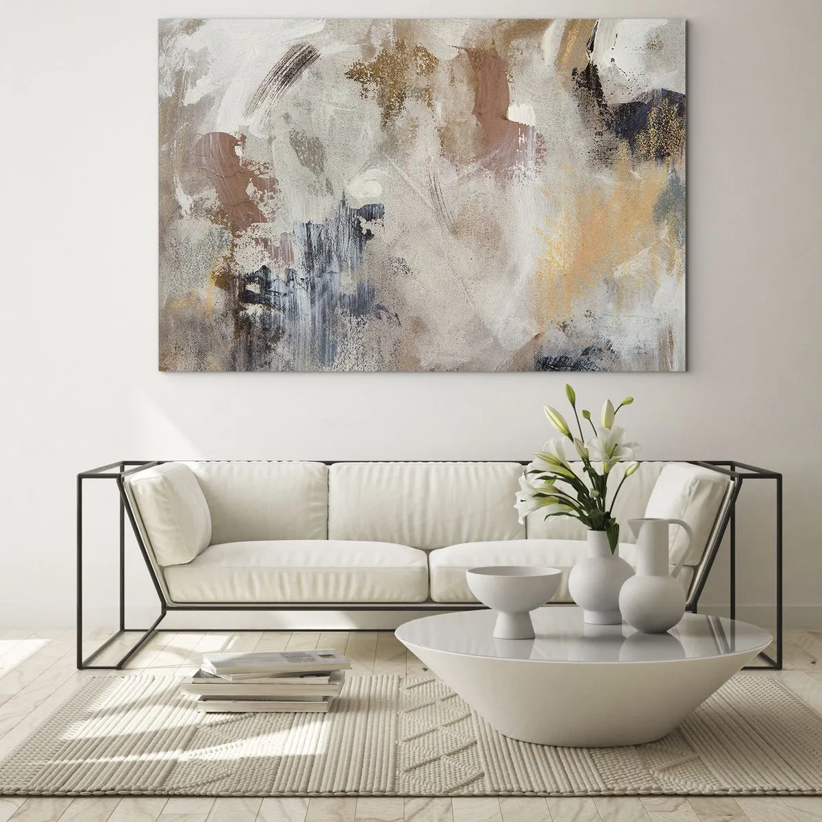 Quadro su vetro - Composizione astratta beige e marrone in uno stile nebbioso - 120x80cm - Astrazione annebbiata - Decorazione murale moderna per soggiorno e camera da letto ARTTOR