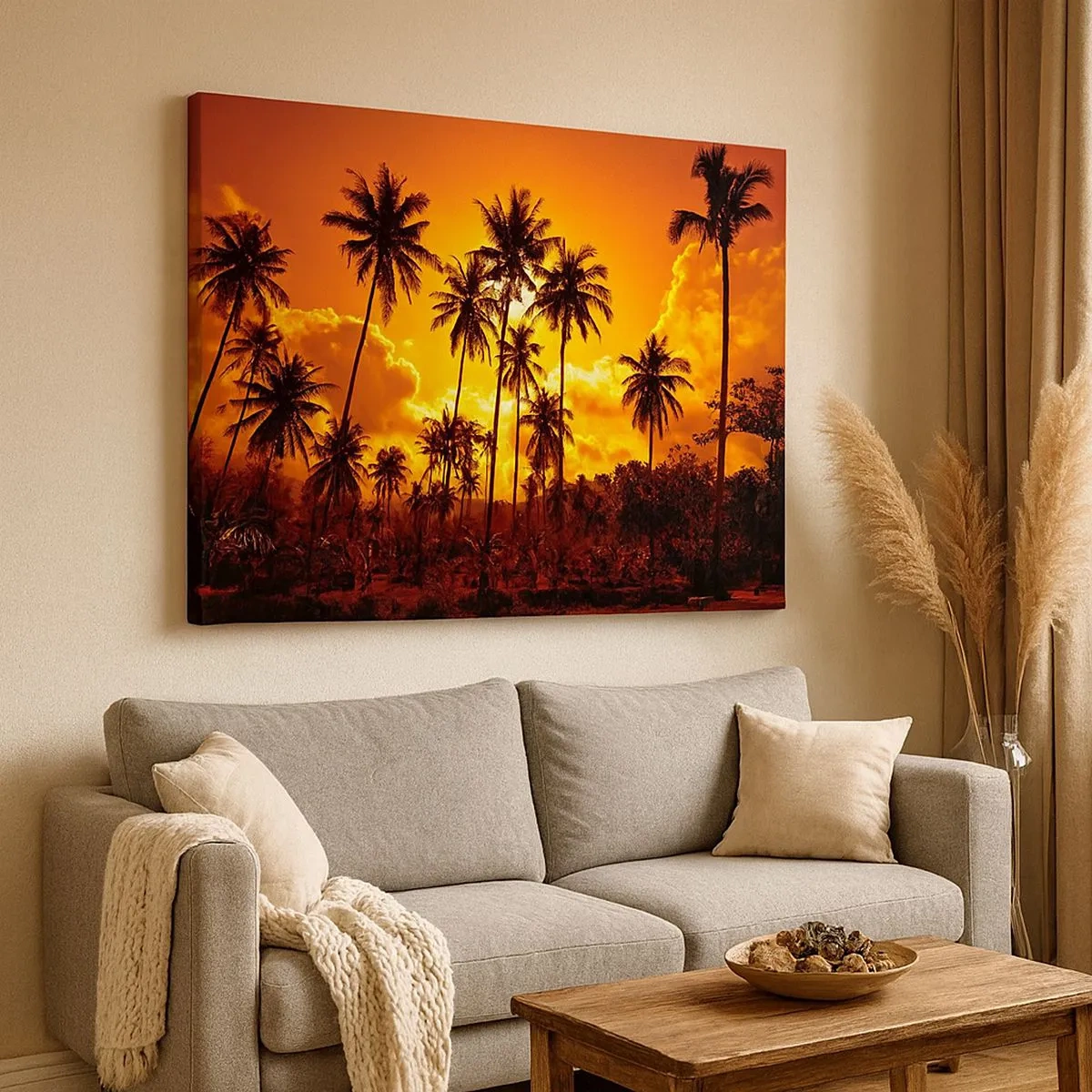 Quadro su tela - Stampe su Tela - Palme contro un cielo dorato durante un tramonto tropicale - 70x50cm - Bruciano i monti, bruciano i boschi - Decorazione murale moderna per soggiorno e camera da letto ARTTOR