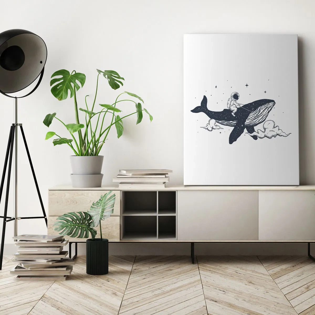 Quadro su tela - Stampe su Tela - Astronauta su una balena che galleggia nello spazio - 50x70cm - Avventura nello spazio - Decorazione murale moderna per soggiorno e camera da letto ARTTOR