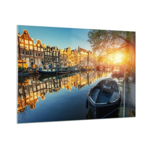 Quadro su vetro - Canale di Amsterdam al tramonto - 100x70cm - L'alba ad Amsterdam - Decorazione murale moderna per soggiorno e camera da letto ARTTOR