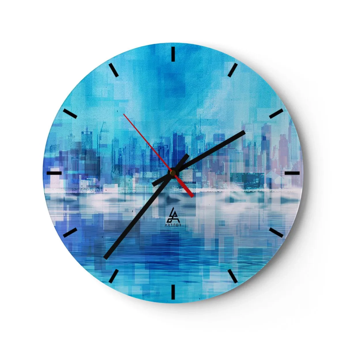 Orologio da parete - Orologio in Vetro - Un panorama cittadino nei toni del blu e del viola con un effetto astratto. - 30x30cm - Immersi nel blu - Decorazione murale moderna per soggiorno, cucina e camera da letto ARTTOR