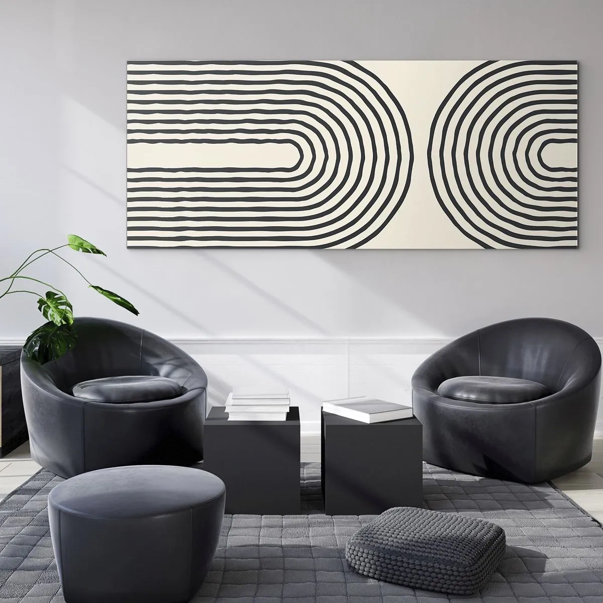 Quadro su vetro - Motivo geometrico astratto con linee simmetriche su sfondo chiaro - 140x50cm - Tra un attimo... - Decorazione murale moderna per soggiorno e camera da letto ARTTOR