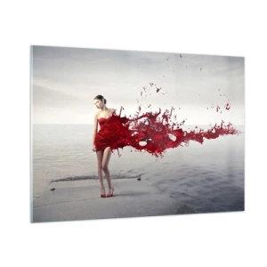 Quadro su vetro - La figura di una donna in abito rosso sullo sfondo del mare - 100x70cm - Appassionata come lo scarlatto - Decorazione murale moderna per soggiorno e camera da letto ARTTOR