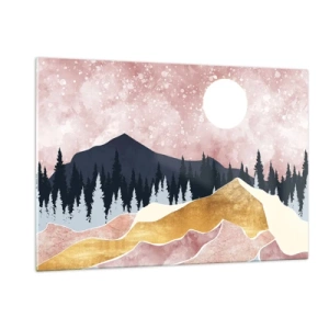 Quadro su vetro - Montagne e foreste al chiaro di luna contro un cielo rosa - 120x80cm - Guardiano notturno - Decorazione murale moderna per soggiorno e camera da letto ARTTOR