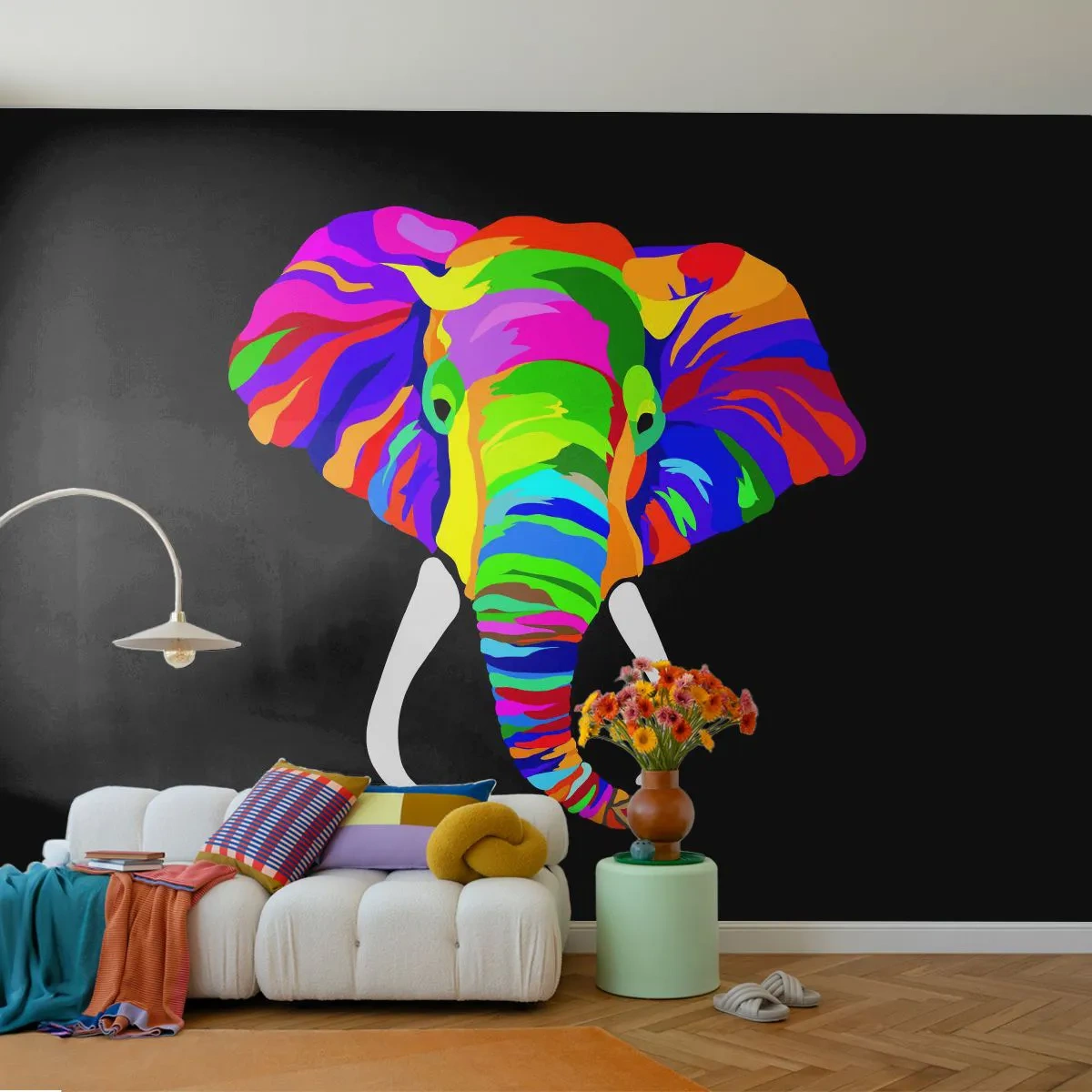 Fotomurale su misura Premium Canvas - L'elefante che faceva il bagno nell'arcobaleno - Animali, Elefante, Immagine colorata