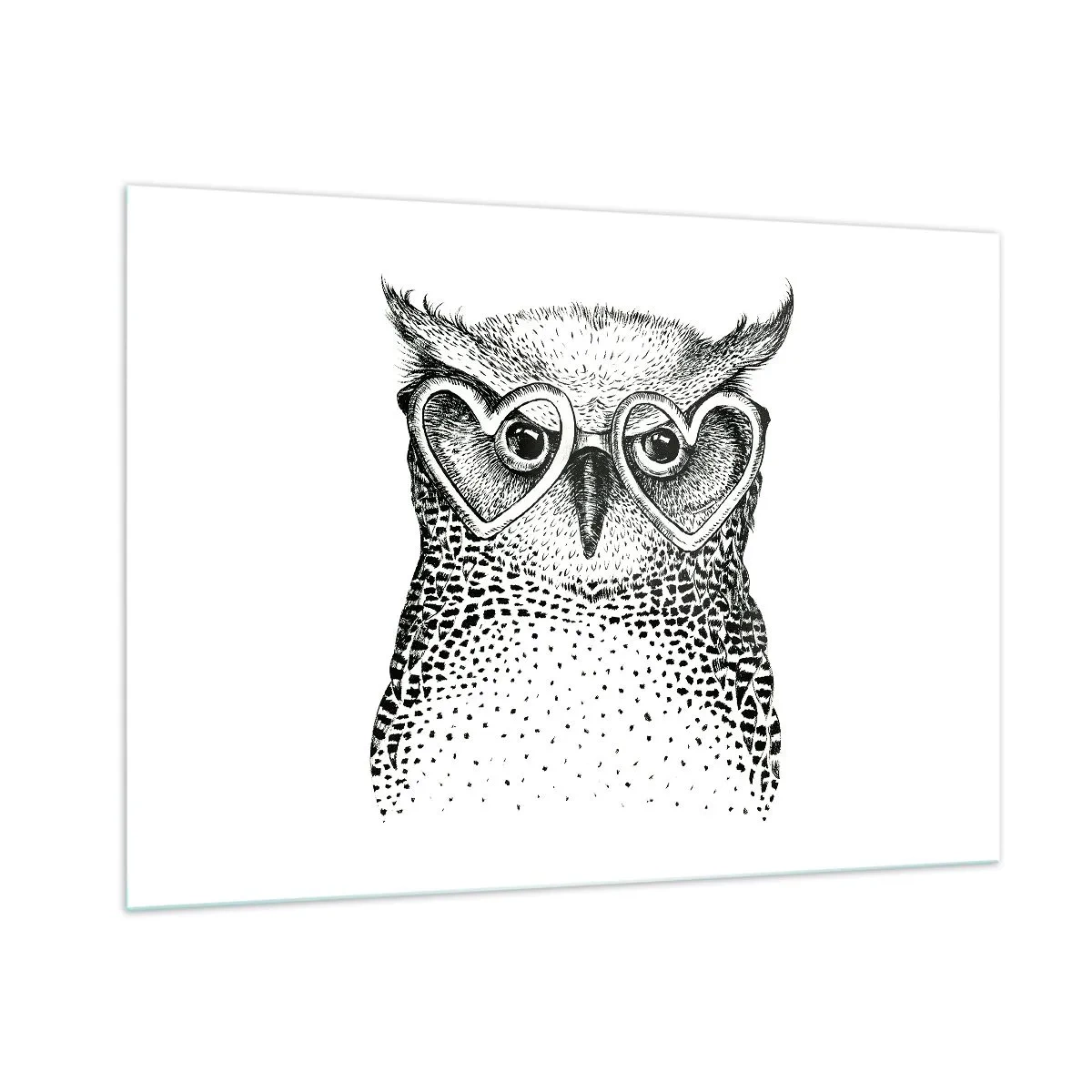 Quadro su vetro - Illustrazione di un gufo che indossa occhiali a forma di cuore - 100x70cm - Saggiamente e con amore - Decorazione murale moderna per soggiorno e camera da letto ARTTOR