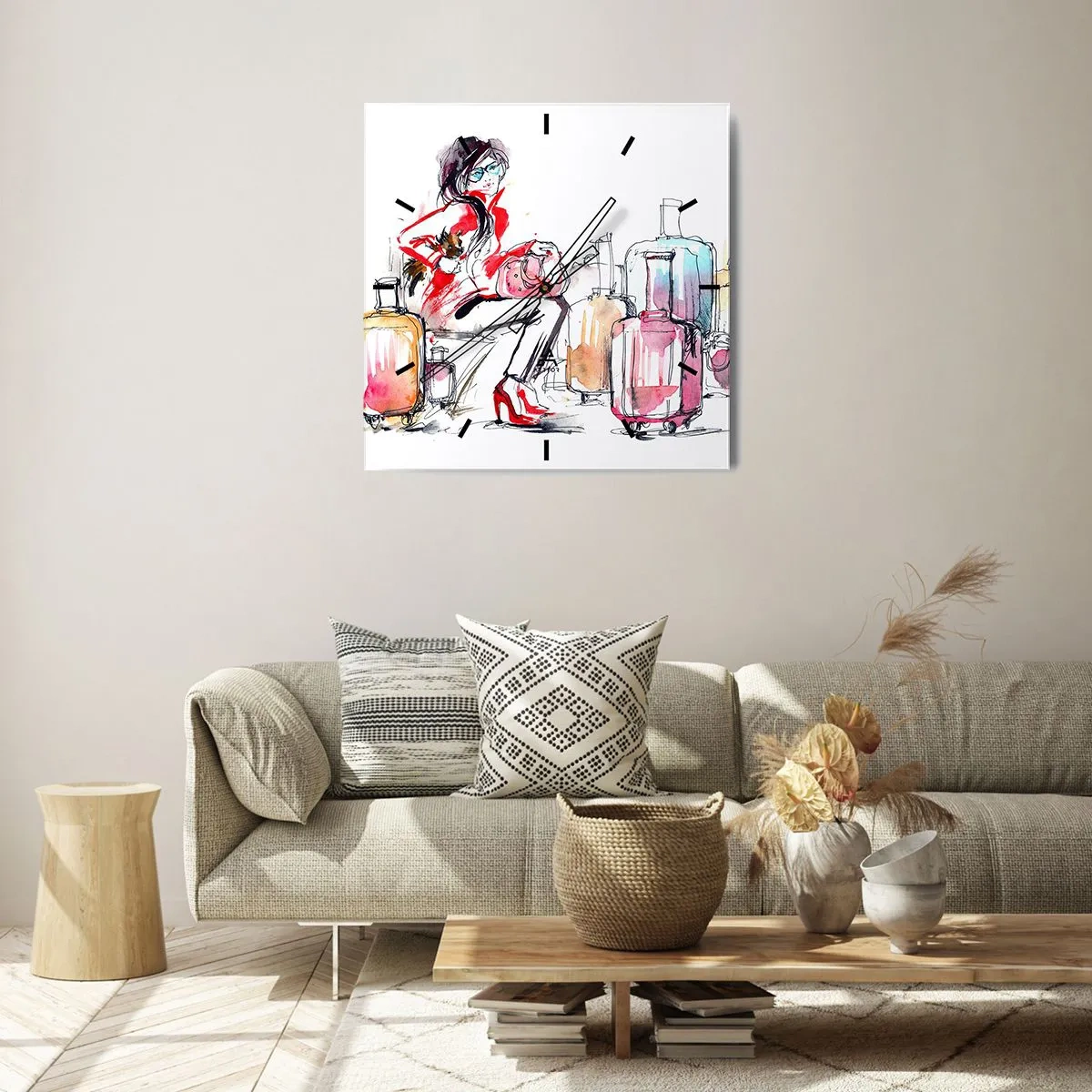 Orologio da parete - Orologio in Vetro - Una donna con le valigie in un'illustrazione dinamica ad acquerello - 30x30cm - Sediamoci prima del viaggio - Decorazione murale moderna per soggiorno e camera da letto ARTTOR