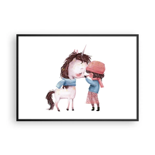 Poster in cornice nera - Una ragazza e un unicorno in uno scenario invernale - 100x70cm - Racconto d'inverno - Decorazione murale moderna per soggiorno e camera da letto ARTTOR