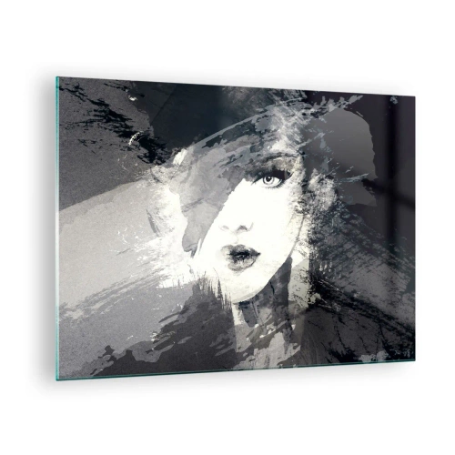 Quadro su vetro - Il volto di una donna è parzialmente coperto da macchie grigie astratte. - 70x50cm - Dietro un velo grigio - Decorazione murale moderna per soggiorno e camera da letto ARTTOR