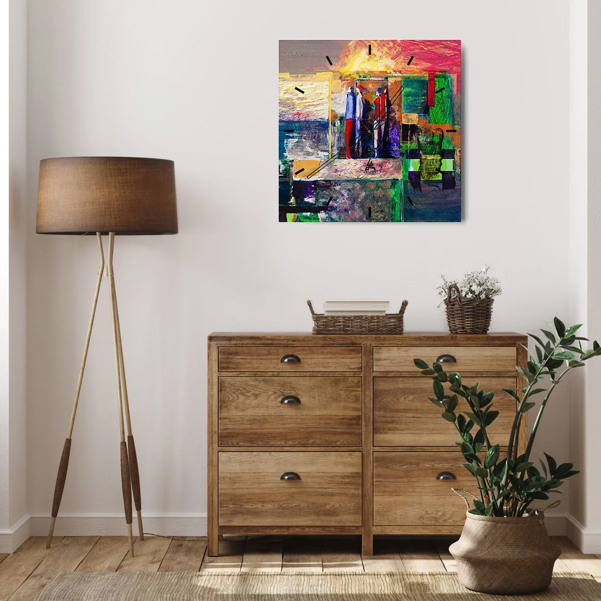 Orologio da parete - Orologio in Vetro - Composizione astratta con figure e motivi geometrici - 30x30cm - Relazioni ed emozioni - Decorazione murale moderna per soggiorno e camera da letto ARTTOR