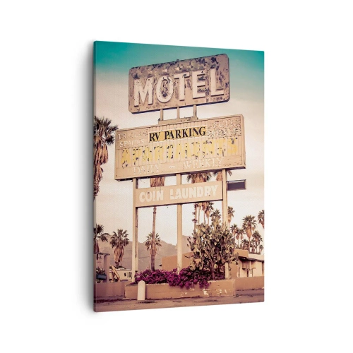 Quadro su tela - Stampe su Tela - Insegna retrò di un motel circondata da palme - 50x70cm - Qui il tempo si è fermato - Decorazione murale moderna per soggiorno e camera da letto ARTTOR