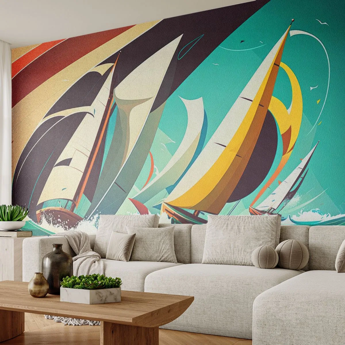 Fotomurali Premium Canvas - Un'illustrazione dinamica di barche a vela in un mare in tempesta. - 100x70cm - Compagne degli elementi - Decorazione murale moderna per soggiorno e camera da letto ARTTOR