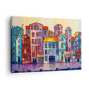 Quadro su tela - Stampe su Tela - Case popolari colorate in riva all'acqua in stile artistico - 70x50cm - Una città da favola - Decorazione murale moderna per soggiorno e camera da letto ARTTOR