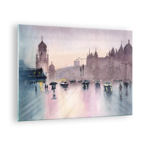 Quadro su vetro - Paesaggio urbano piovoso - 70x50cm - Nella nebbia piovigginosa - Decorazione murale moderna per soggiorno e camera da letto ARTTOR