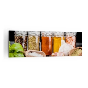 Quadro su tela - Stampe su Tela - Erbe e spezie in barattoli di vetro su sfondo scuro - 160x50cm - Perché la vita abbia sapore - Decorazione murale moderna per soggiorno e camera da letto ARTTOR