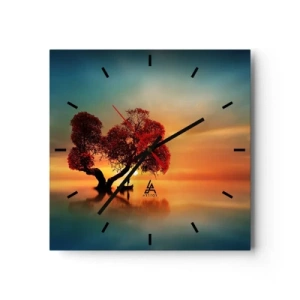 Orologio da parete - Orologio in Vetro - Un albero dalle foglie rosse e una barca sull'acqua al tramonto - 30x30cm - Gli esiliati e il silenzio fuori dal mondo - Decorazione murale moderna per soggiorno e camera da letto ARTTOR