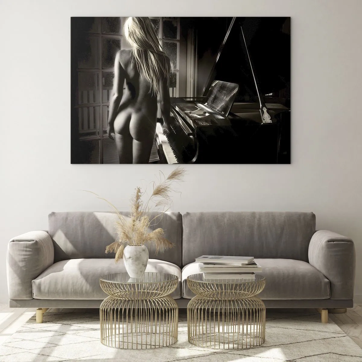 Quadro su vetro - Una donna al pianoforte in una luce seppia - 70x50cm - La perfetta armonia della sera - Decorazione murale moderna per soggiorno e camera da letto ARTTOR