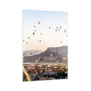 Quadro su vetro - Volo in mongolfiera sopra la Cappadocia alla luce del mattino - 50x70cm - Come navi nel cielo - Decorazione murale moderna per soggiorno e camera da letto ARTTOR