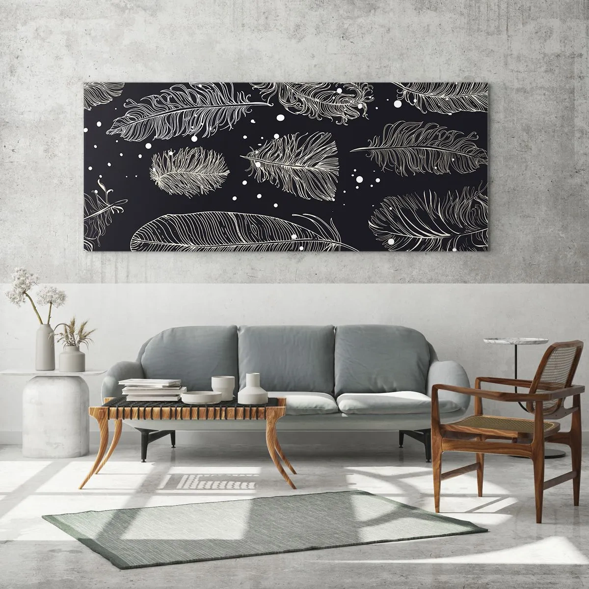 Quadro su vetro - Delicate piume bianche su sfondo blu navy - 140x50cm - Pizzo piumato - Decorazione murale moderna per soggiorno e camera da letto ARTTOR