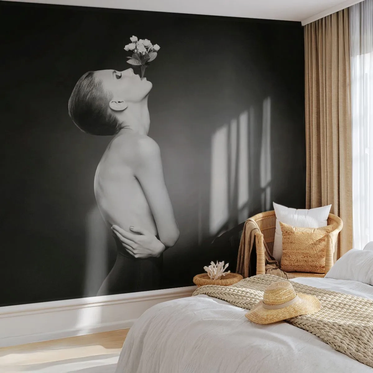 Fotomurali Premium Canvas - Silhouette in bianco e nero di una donna con un fiore - 100x70cm - Eleganza eccentrica - Decorazione murale moderna per soggiorno e camera da letto ARTTOR