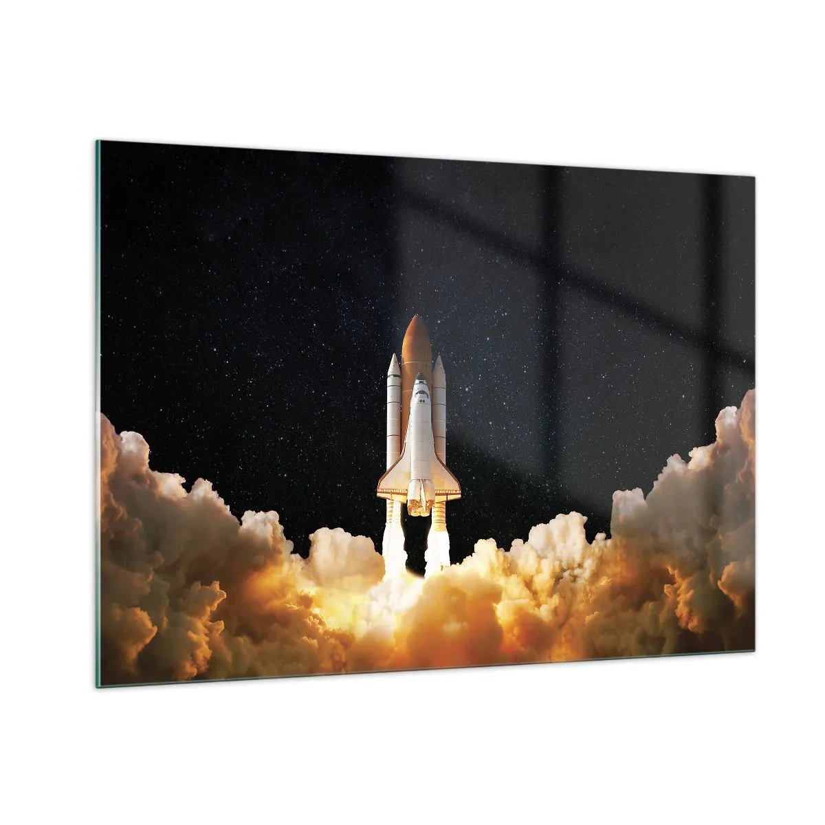 Quadro su vetro - Uno space shuttle in decollo contro un cielo stellato - 100x70cm - Ad astra! - Decorazione murale moderna per soggiorno e camera da letto ARTTOR