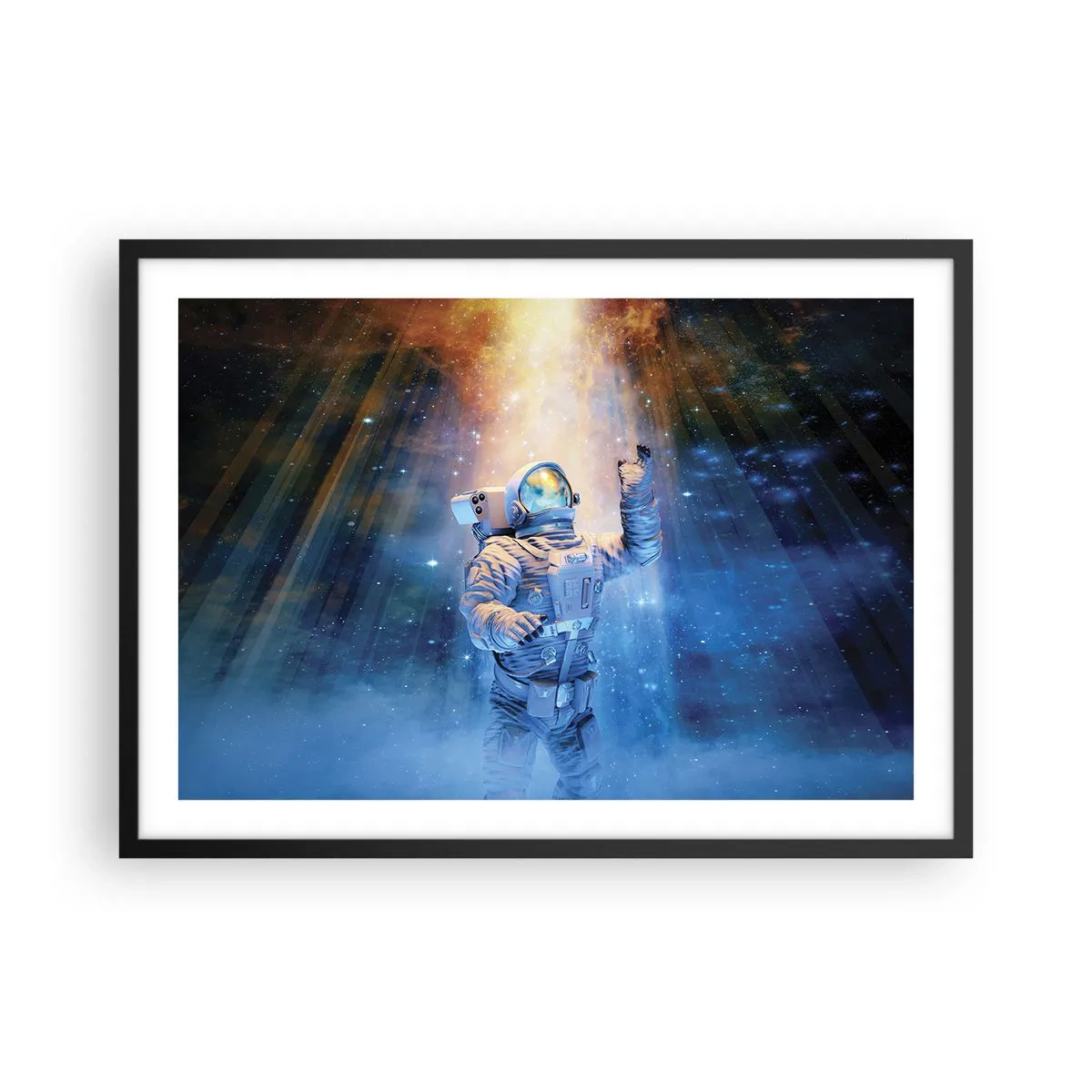 Poster in cornice nera - Astronauta alla luce di un'esplosione cosmica piena di stelle - 70x50cm - Finalmente alla meta - Decorazione murale moderna per soggiorno e camera da letto ARTTOR