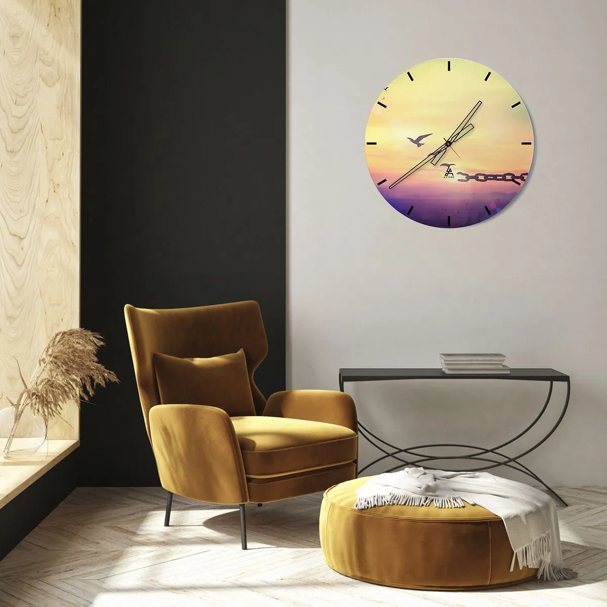 Orologio da parete - Orologio in Vetro - Uccelli sullo sfondo di un tramonto con una catena spezzata - 30x30cm - La vittoria della libertà - Decorazione murale moderna per soggiorno, cucina e camera da letto ARTTOR