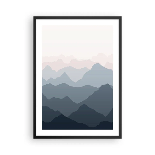 Poster in cornice nera - Catene montuose stratificate in tonalità di blu e grigio - 50x70cm - Le onde dei monti - Decorazione murale moderna per soggiorno e camera da letto ARTTOR