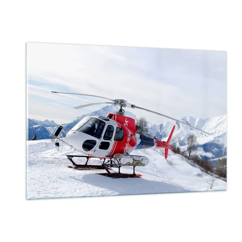 Quadro su vetro - Un elicottero rosso in uno scenario montano invernale - 120x80cm - Sempre pronto - Decorazione murale moderna per soggiorno e camera da letto ARTTOR